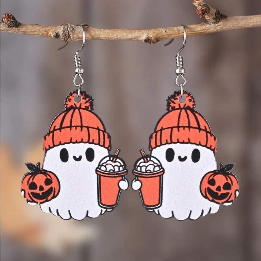 Ghost with Pumpkin and Cappuccino Dangle Earrings 👻🎃👻